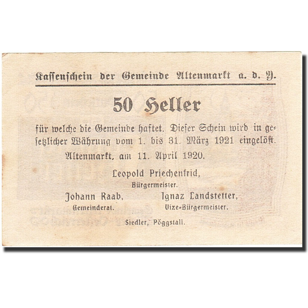 Banknote, Austria, Altenmarkt, 50 Heller, Eglise, 1921, 1921-03-31, AU(55-58)