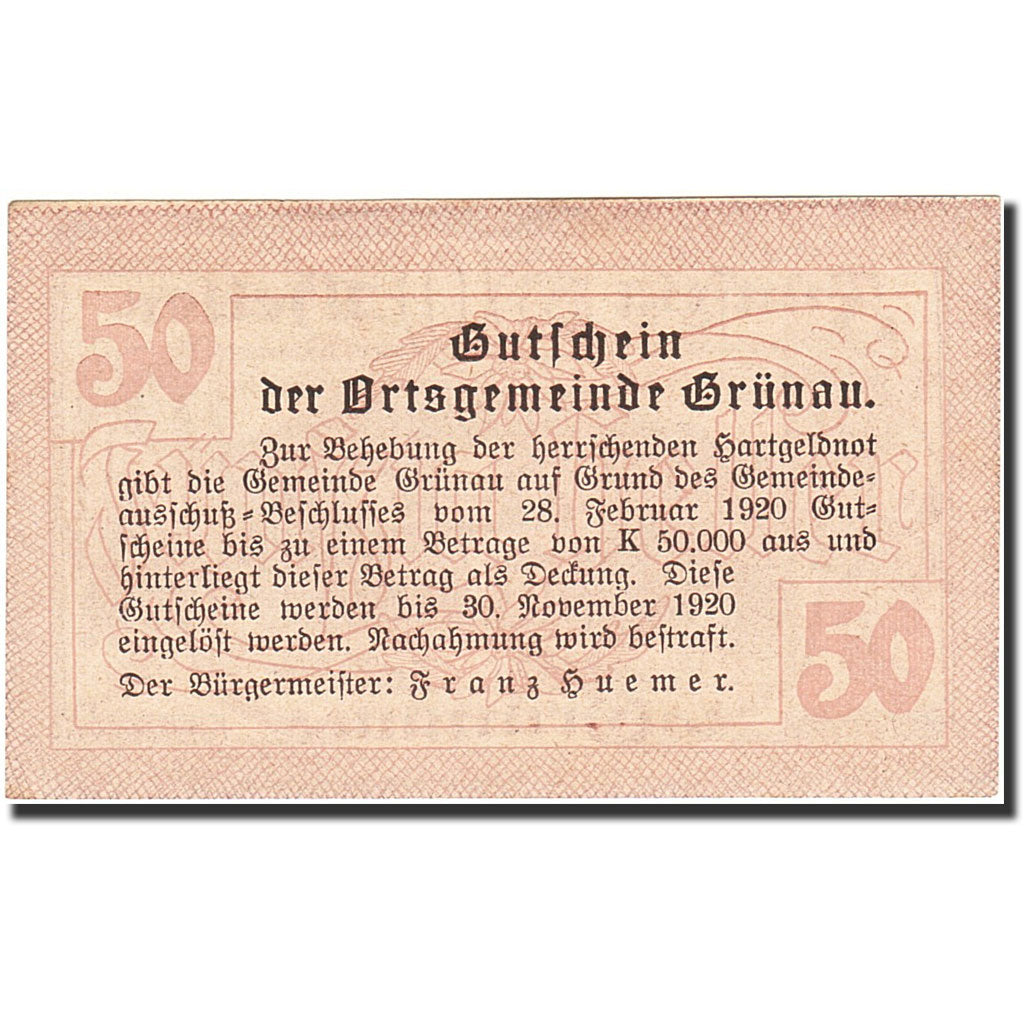 Banknote, Austria, Grünau, 50 Heller, ferme, 1920, 1920-11-30, UNC(63)