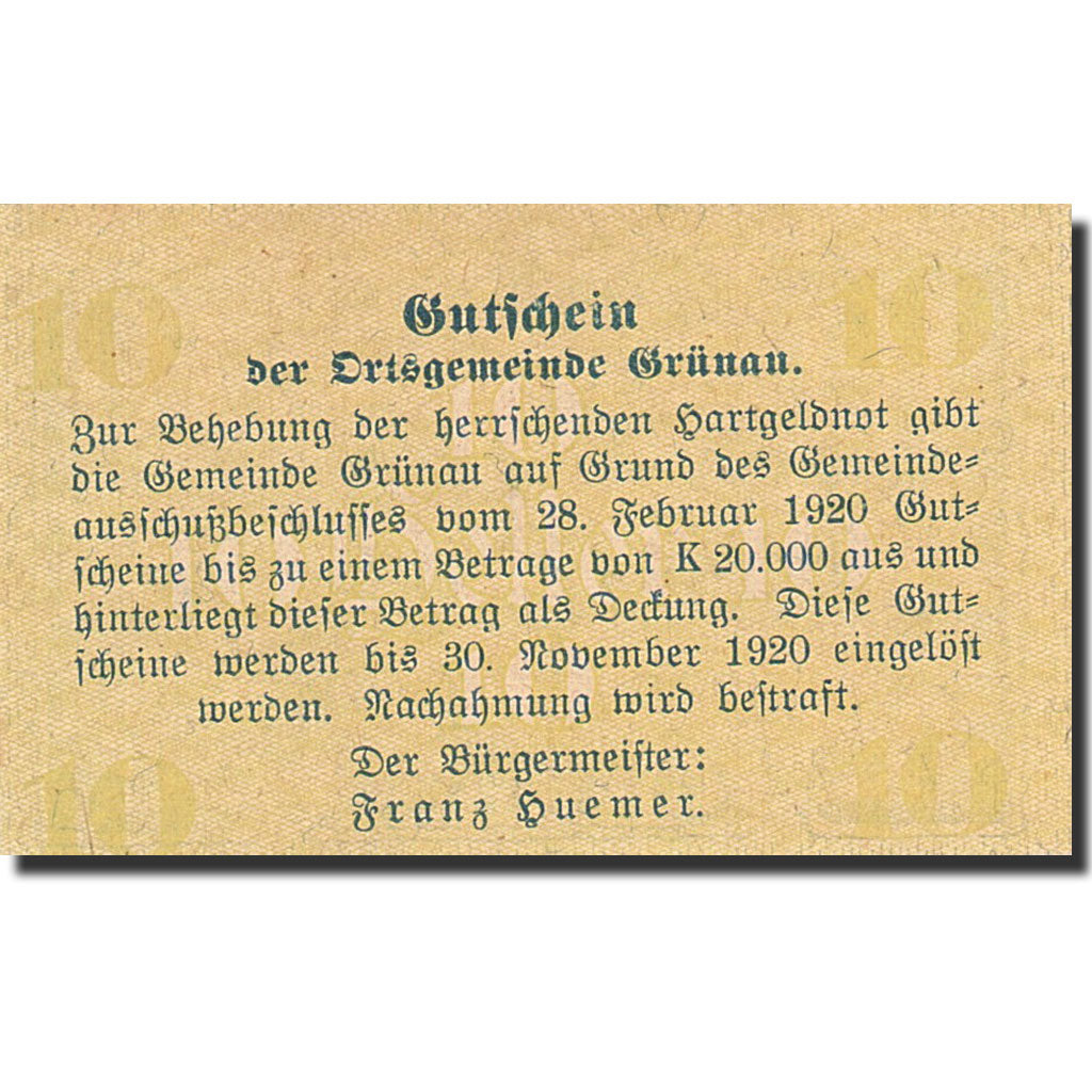 Banknote, Austria, Grünau, 10 Heller, montagne, 1920, 1920-11-30, UNC(65-70)