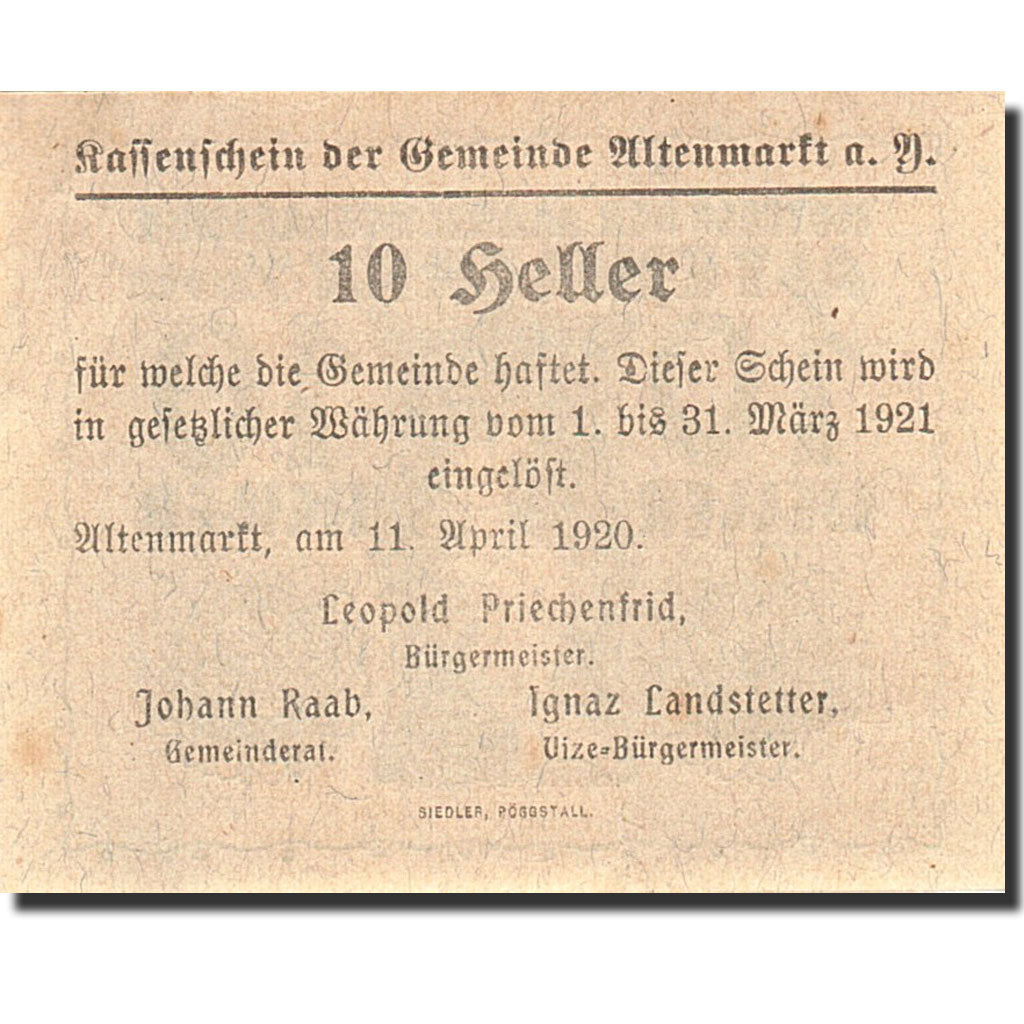 Banconote, Austria, Altenmarkt, 10 Heller, paysage, 1921, 1921-03-31, SPL