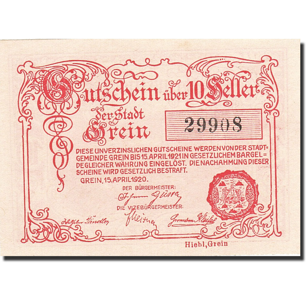 Banknote, Austria, Grein, 10 Heller, village, 1921, 1921-04-15, UNC(63)