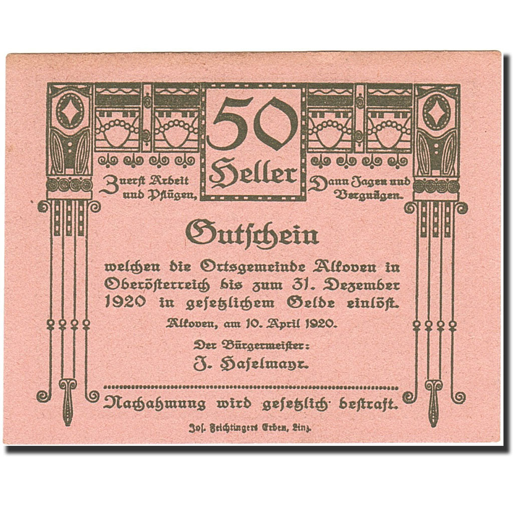 Banknote, Austria, Alkoven, 50 Heller, agriculteur, 1920, 1920-12-31, UNC(60-62)