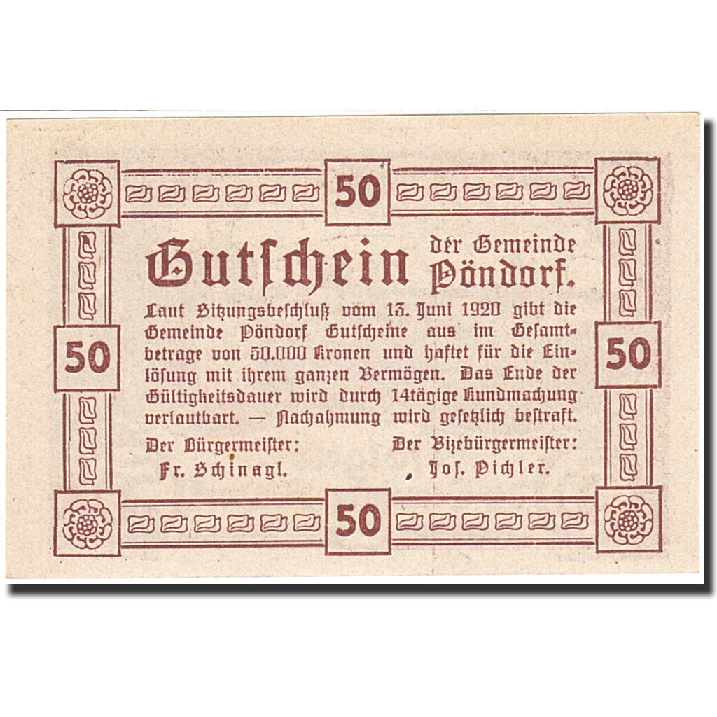 Banknote, Austria, Pöndorf, 50 Heller, paysage, 1920, 1920-06-13, UNC(64)