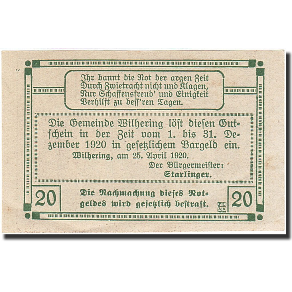 Banknote, Austria, Wilhering, 20 Heller, Eglise, 1920, 1920-12-31, EF(40-45)