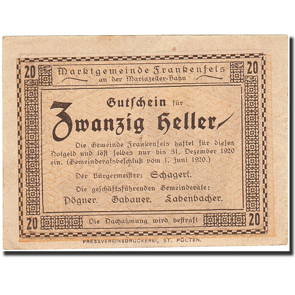Banknote, Austria, Frankenfels, 20 Heller, ruine, 1920, 1920-12-31, AU(55-58)