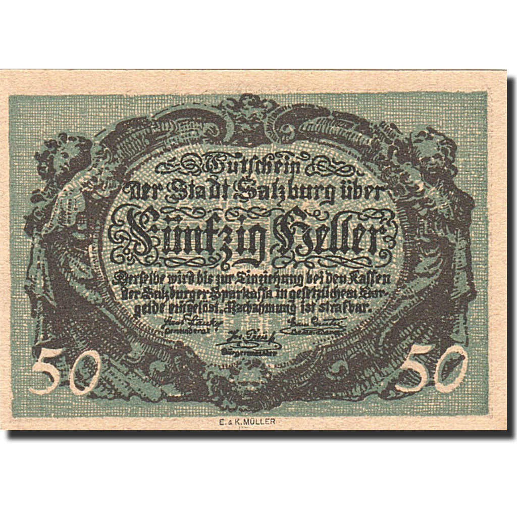 Banknote, Austria, Salzbourg, 50 Heller, fontaine, 1920, 1920-12-31, UNC(65-70)
