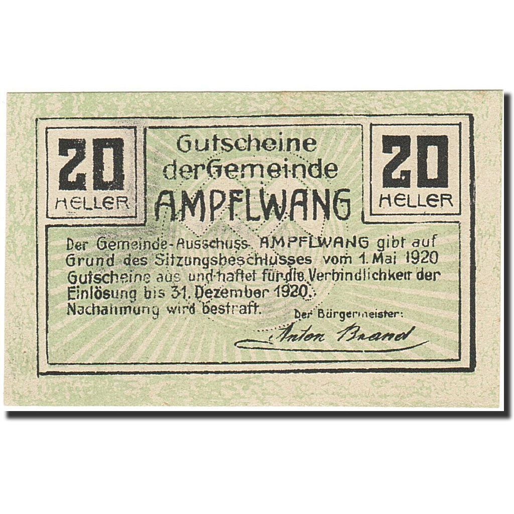 Banknote, Austria, Ampflwang, 20 Heller, Mine, 1920, 1920-12-31, UNC(63)