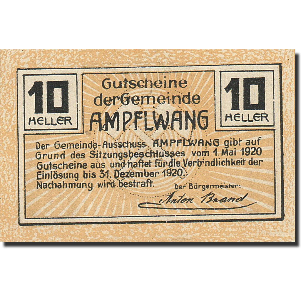 Banknote, Austria, Ampflwang, 10 Heller, Mine, 1920, 1920-12-31, UNC(65-70)