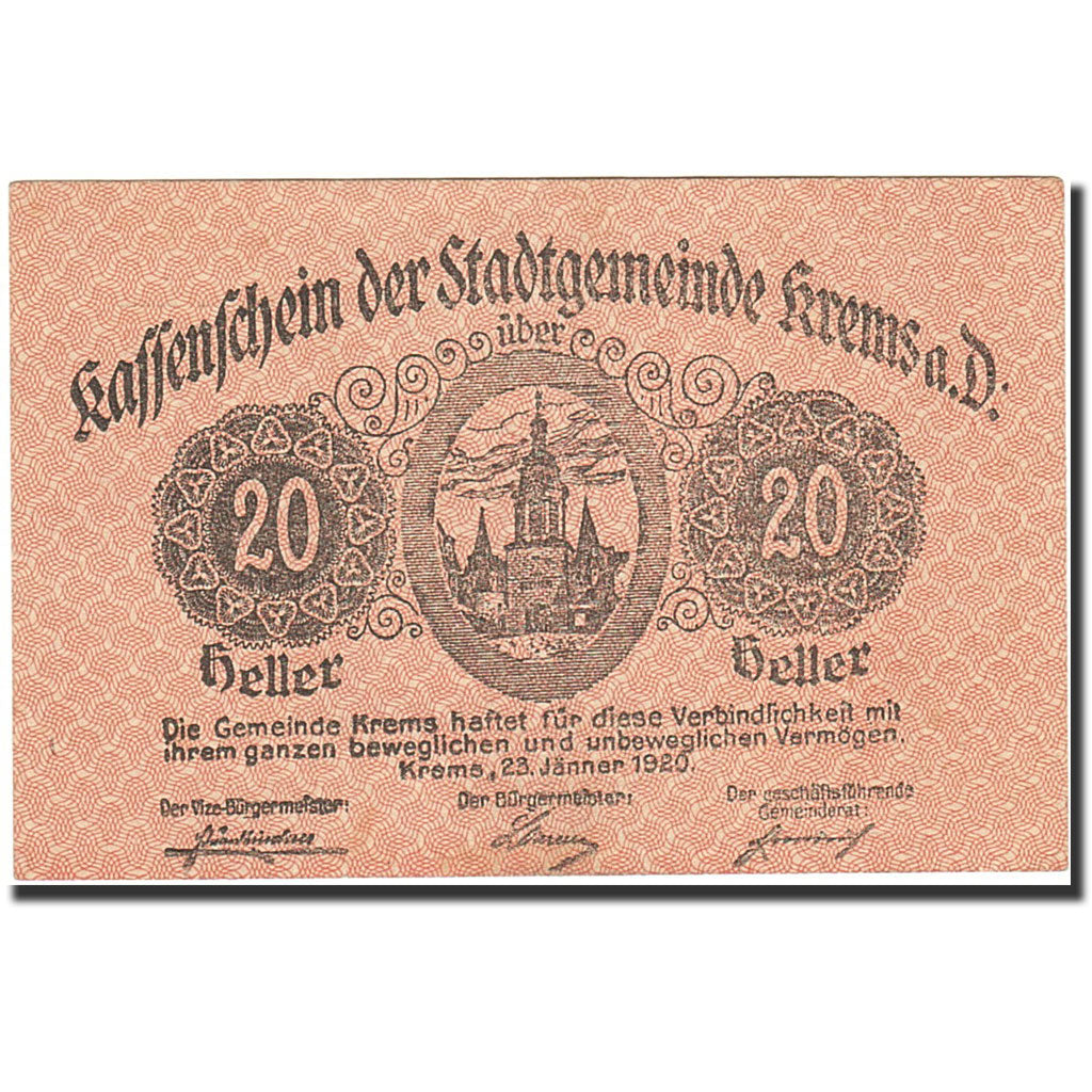 Banknote, Austria, Krems an der Donau, 20 Heller, château, 1920, 1920-12-31
