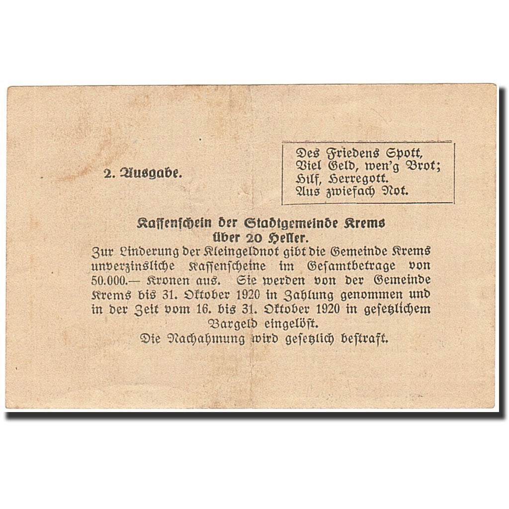 Banknote, Austria, Krems an der Donau, 20 Heller, château, 1920, 1920-12-31