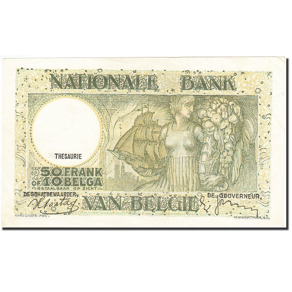 Banknot, Belgia, 50 Francs-10 Belgas, 1933-1935, 1938-03-19, KM:106, AU(55-58)