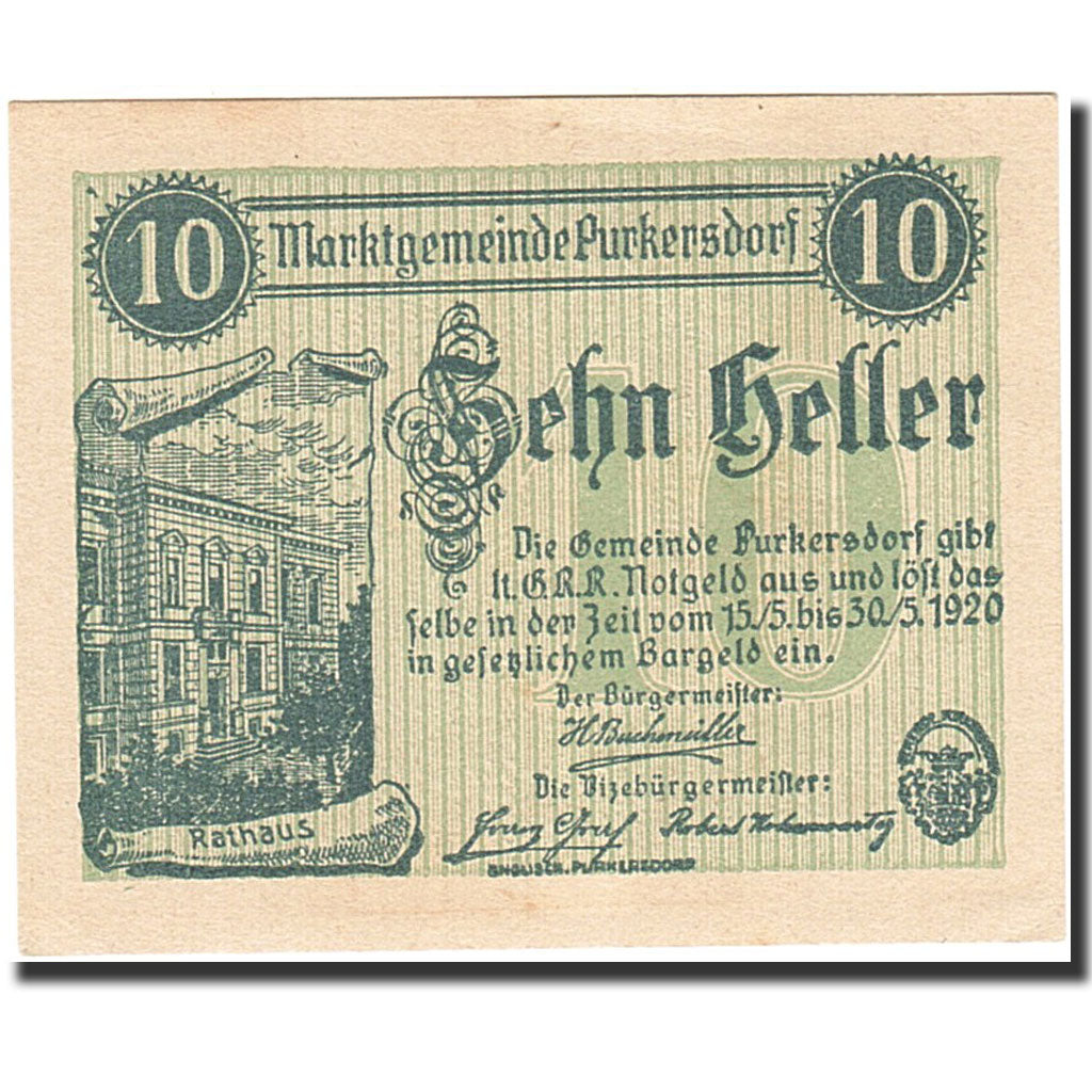 Banknote, Austria, Pukersdorf, 10 Heller, mairie, 1920, 1920-05-30, UNC(63)