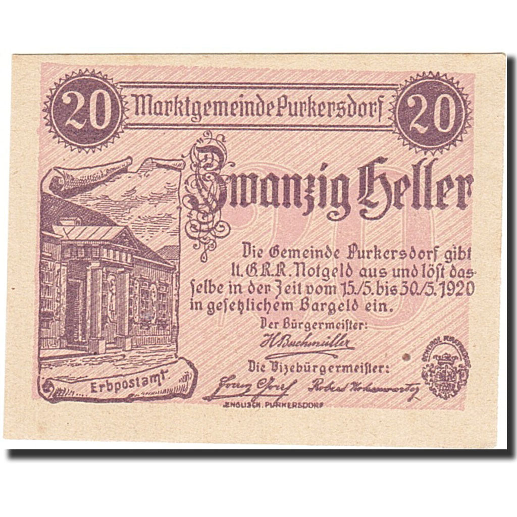 Banknote, Austria, Pukersdorf, 20 Heller, parchemin, 1920, 1920-05-30, UNC(63)