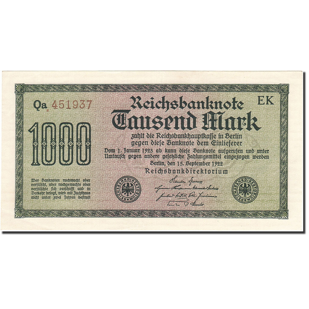 Banknot, Niemcy, 1000 Mark, 1922, 1922-09-15, KM:76c, AU(55-58)