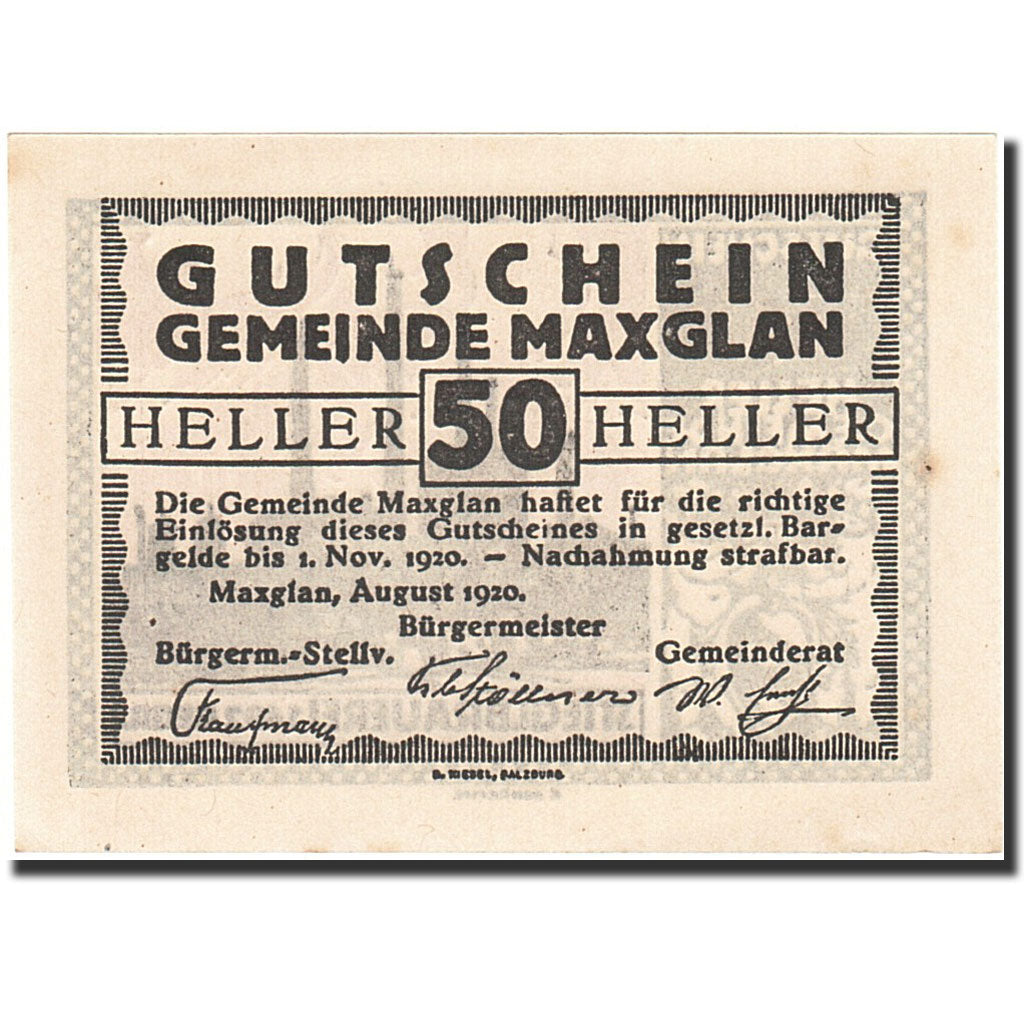 Banknote, Austria, Maxglan, 50 Heller, Usine, 1920, 1920-11-01, AU(55-58)