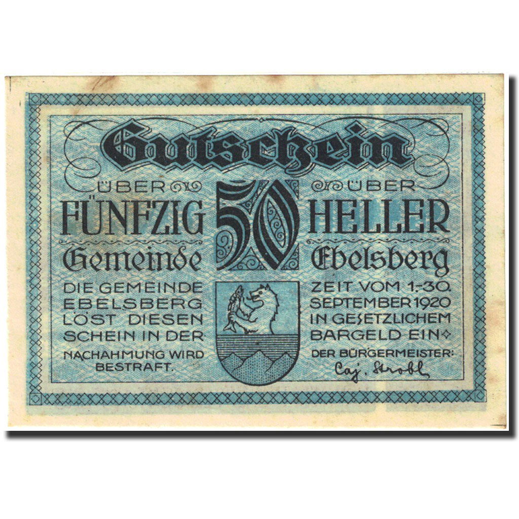 Banknote, Austria, Ebelsberg, 50 Heller, Ecusson, 1920, 1920-09-30, EF(40-45)