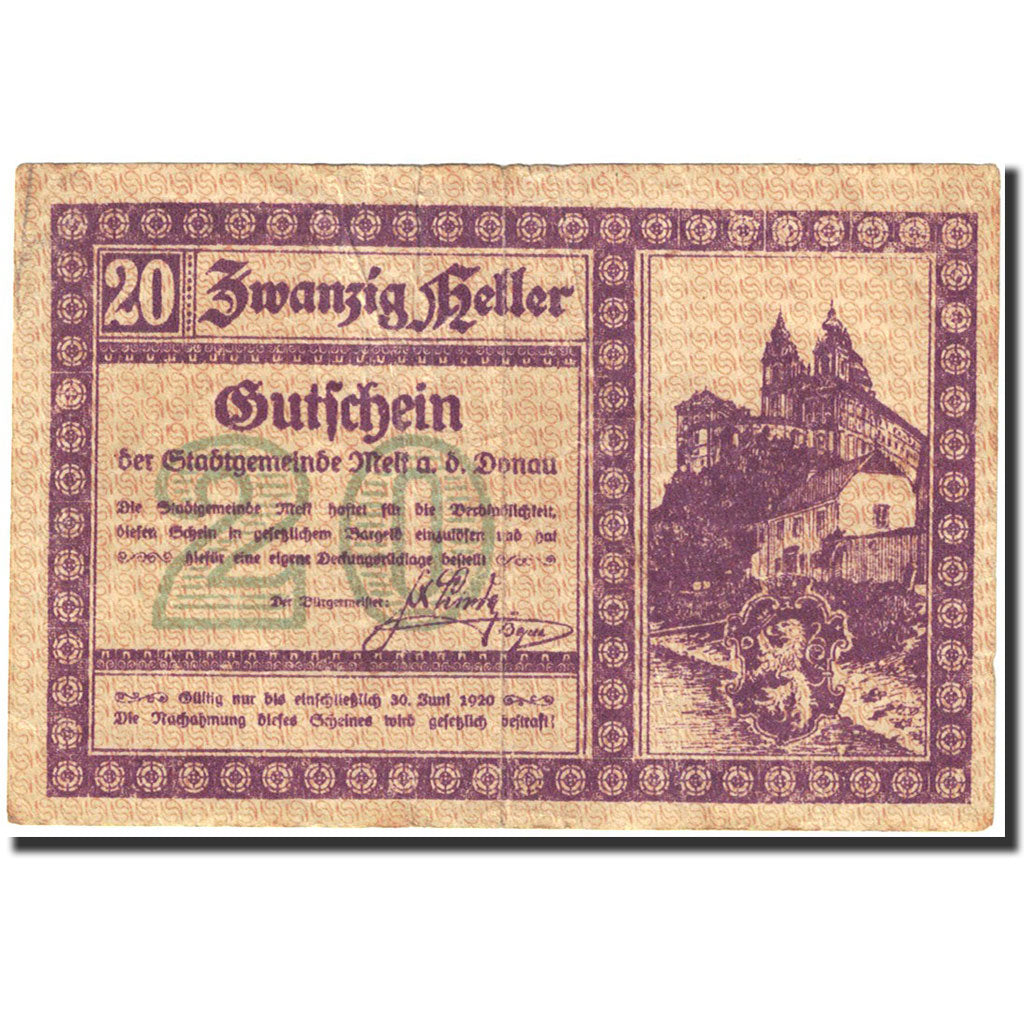 Banknote, Austria, Melk, 20 Heller, château, 1920, 1920-06-30, VF(20-25)