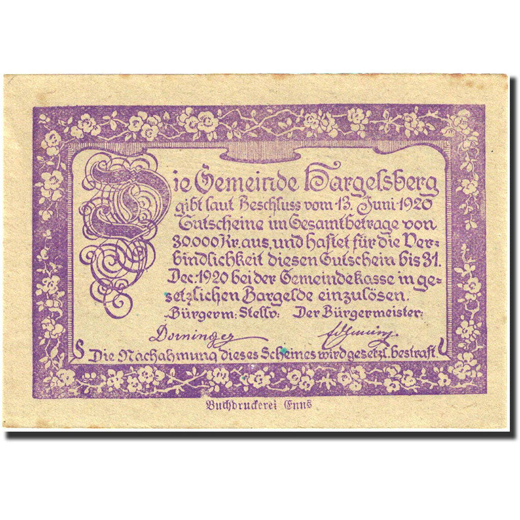 Banknote, Austria, Hargelsberg, 20 Heller, Usine, 1920, 1920-12-31, AU(50-53)