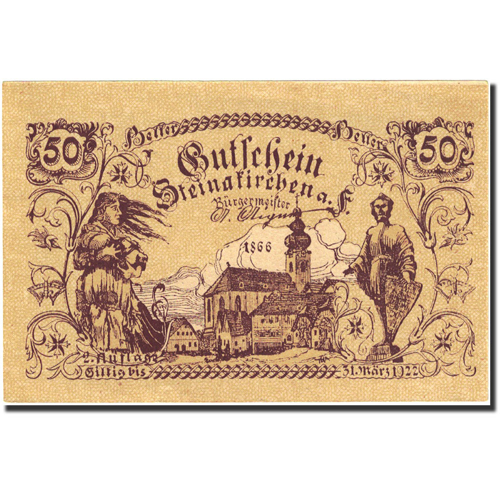 Banknote, Austria, Steinakirchen am Forst, 50 Heller, personnage, 1922