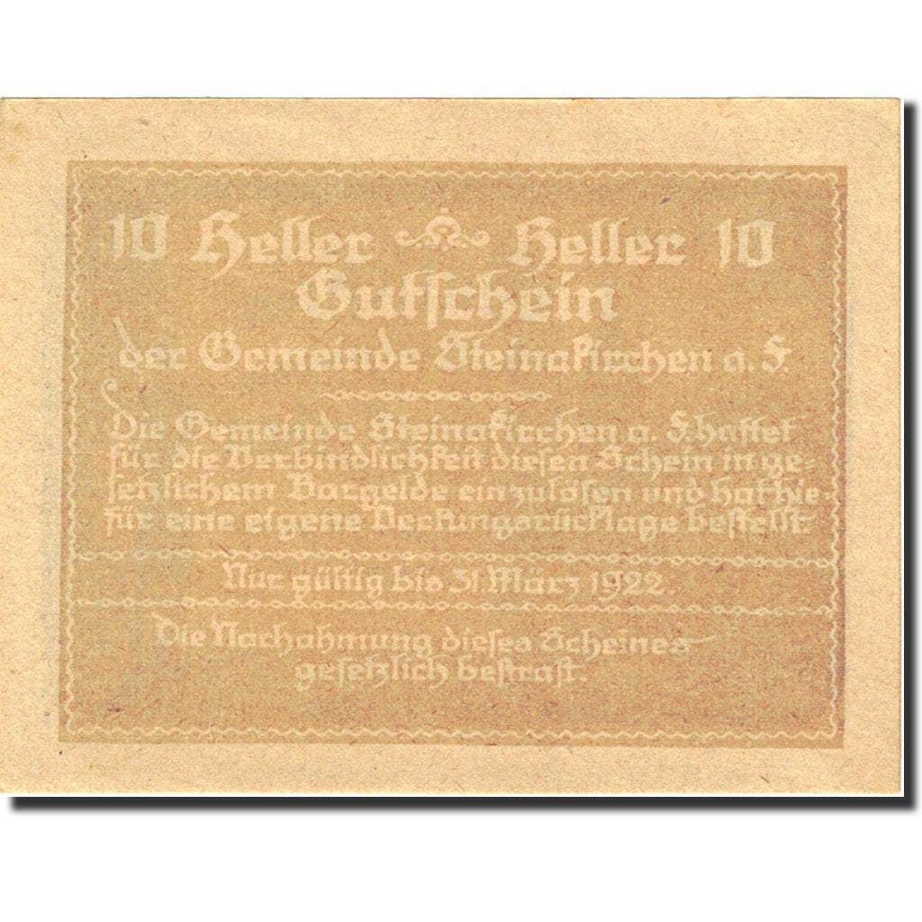 Banknote, Austria, Steinakirchen am Forst, 10 Heller, Eglise, 1922, 1922-03-31