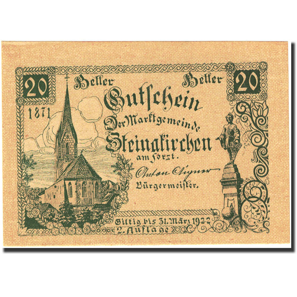 Banknote, Austria, Steinakirchen am Forst, 20 Heller, Eglise, 1922, 1922-03-31