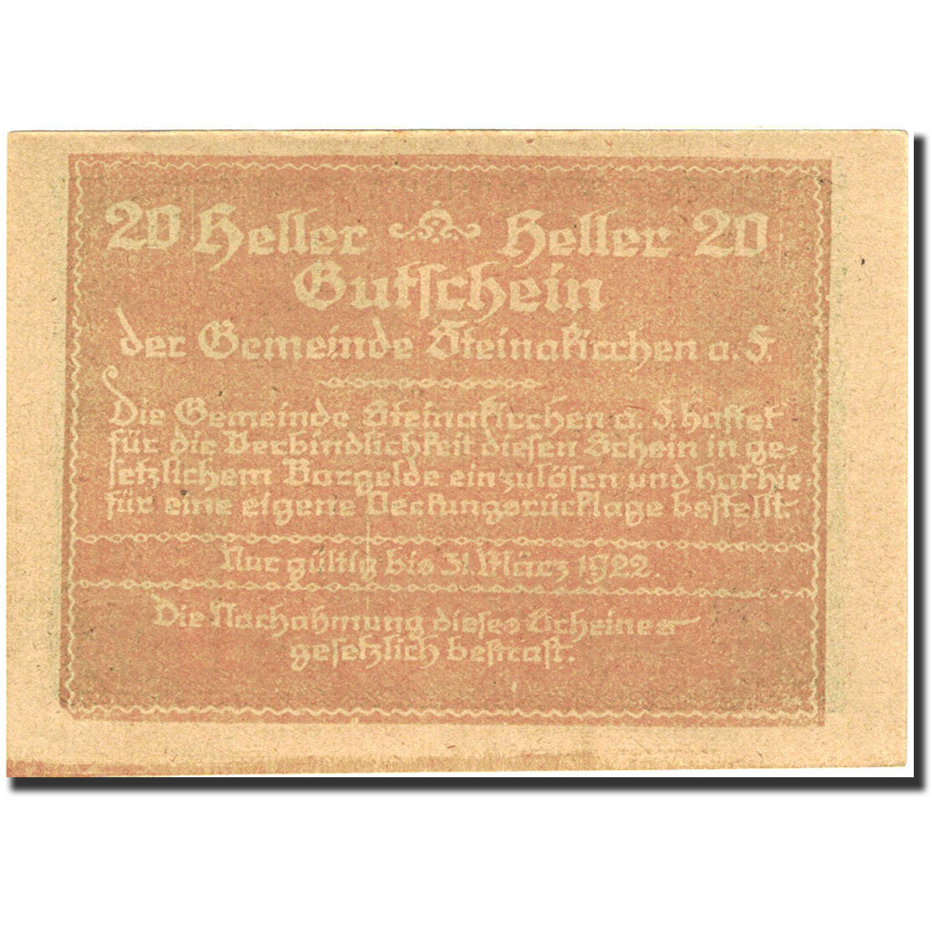 Banknote, Austria, Steinakirchen am Forst, 20 Heller, Eglise, 1922, 1922-03-31