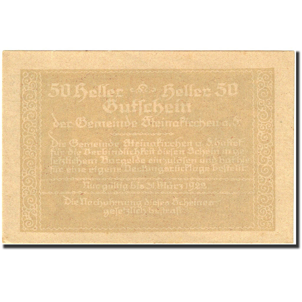 Banknote, Austria, Steinakirchen am Forst, 50 Heller, Eglise, 1922, 1922-03-31