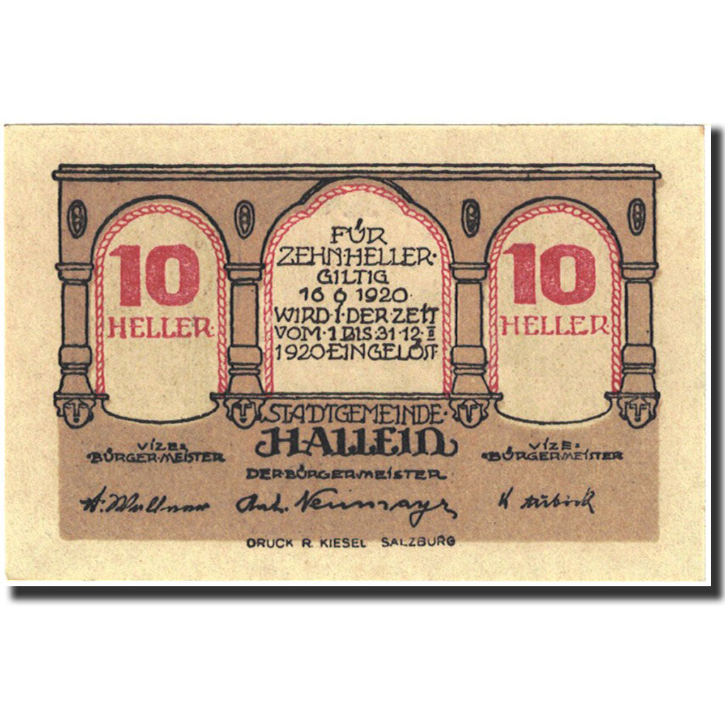 Billet, Autriche, Hallein, 10 Heller, menuisier, 1920, 1920-12-31, NEUF