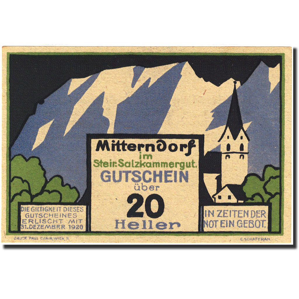 Banknote, Austria, Mitterndorf, 20 Heller, montagne, 1921, 1920-01-31, UNC(64)