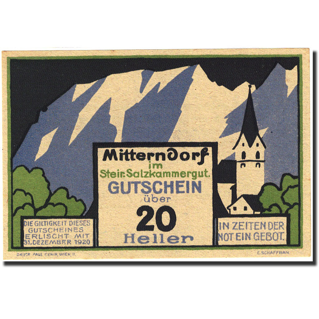 Banknote, Austria, Mitterndorf, 20 Heller, montagne, 1921, 1921-01-31