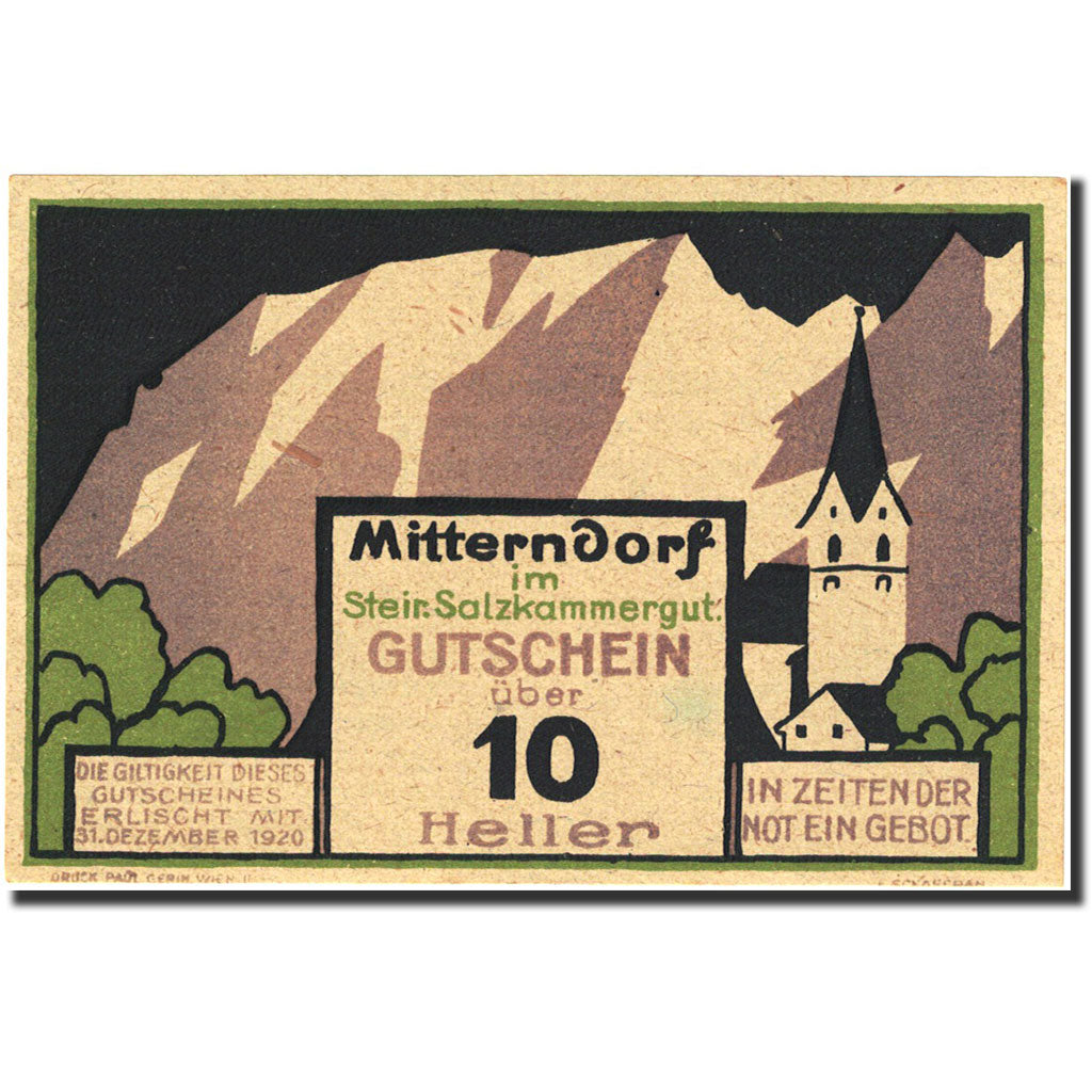 Banknote, Austria, Mitterndorf, 10 Heller, montagne, 1921, 1921-01-31