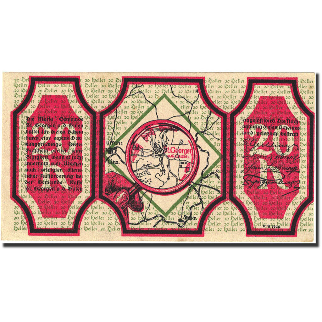 Banknote, Austria, Sankt Georgen an der Aufen, 20 Heller, épis de blé, 1920