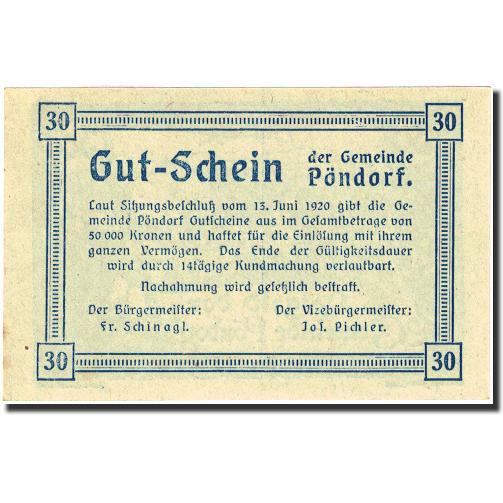 Banknote, Austria, Pöndorf, 25 Heller, agriculteur, 1920, 1920-06-13, UNC(63)