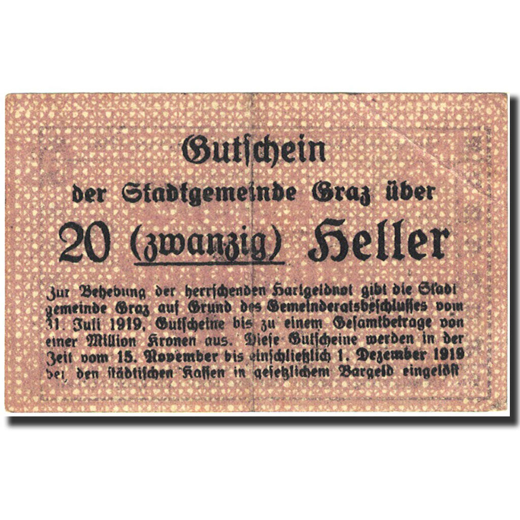 Banconote, Austria, Graz, 20 Heller, valeur faciale, 1919, 1919-12-01, BB