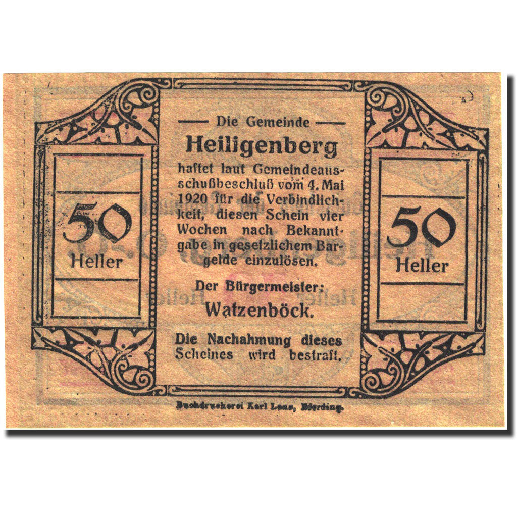 Banknote, Austria, Heiligenberg, 50 Heller, valeur faciale, 1920, 1920-05-04
