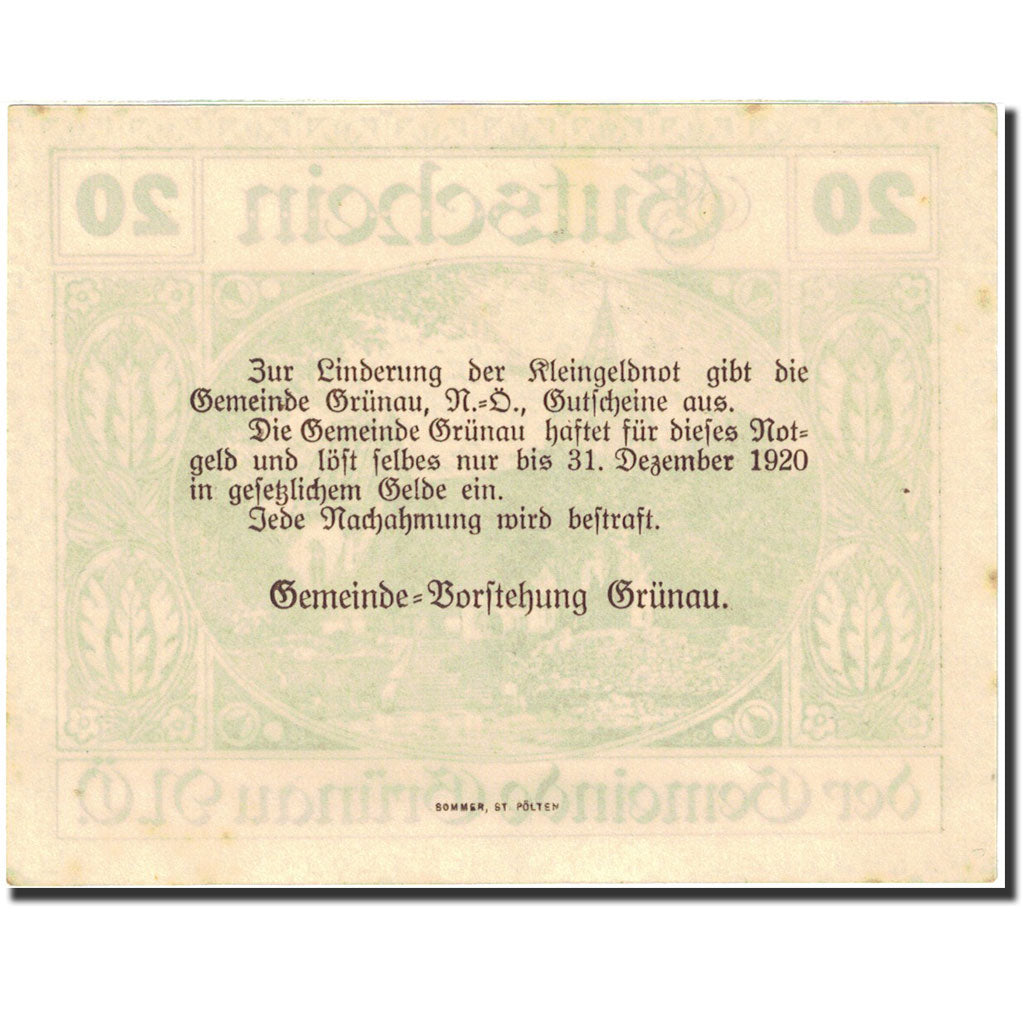 Banknote, Austria, Grünau, 20 Heller, Eglise, 1920, 1920-12-31, AU(50-53)