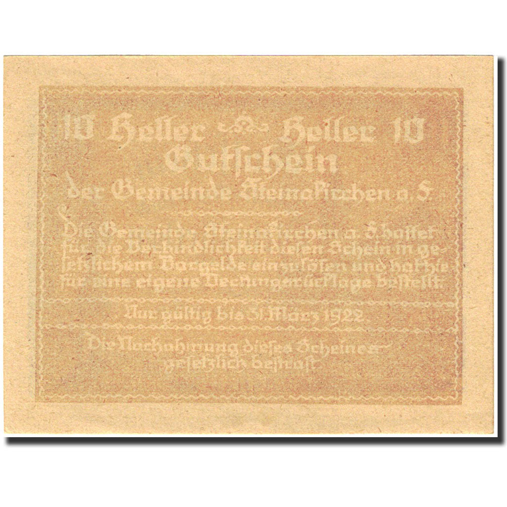 Banknote, Austria, Steinakirchen am Forst, 10 Heller, Eglise, 1922, 1922-03-31
