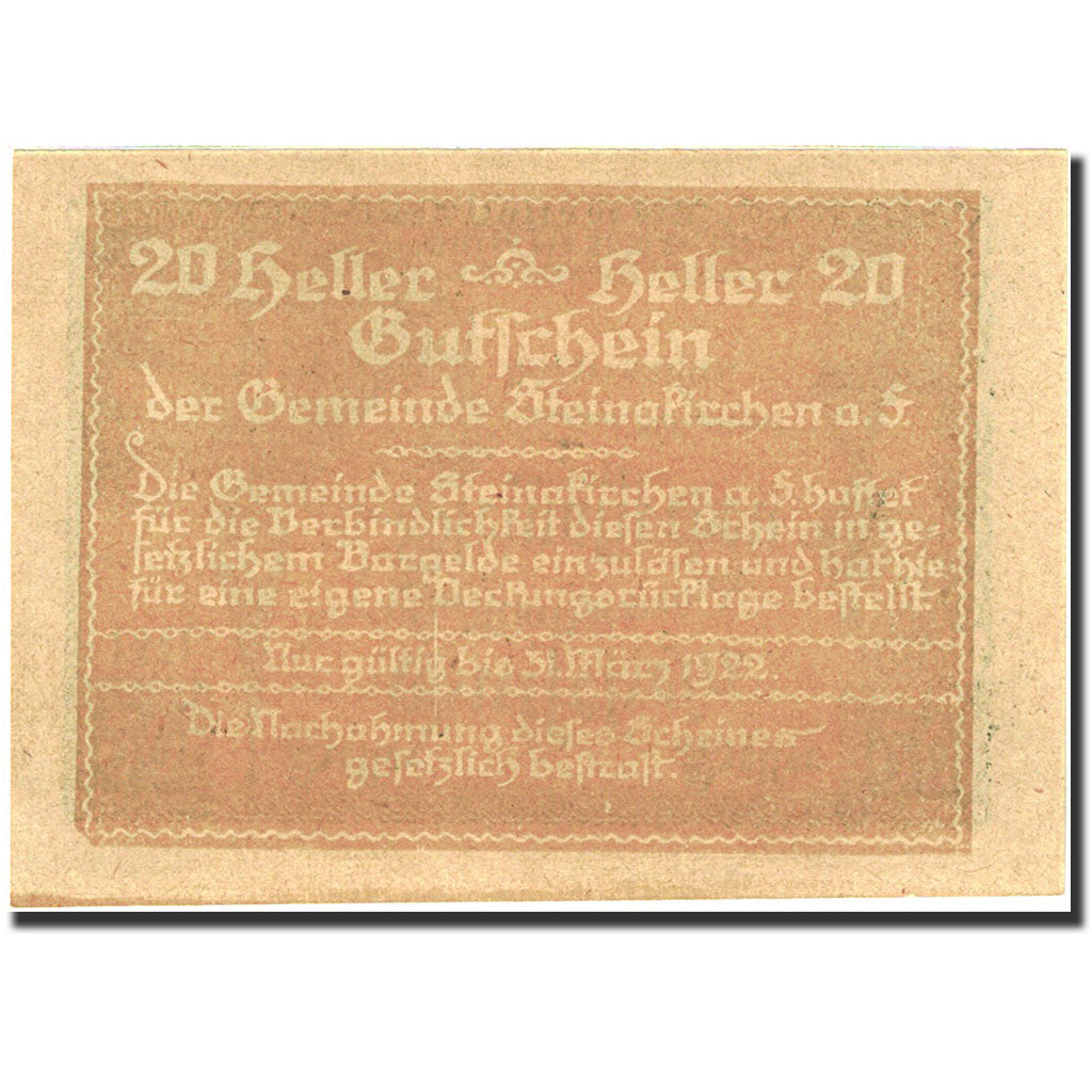 Banknote, Austria, Steinakirchen am Forst, 20 Heller, Eglise, 1922, 1922-03-31