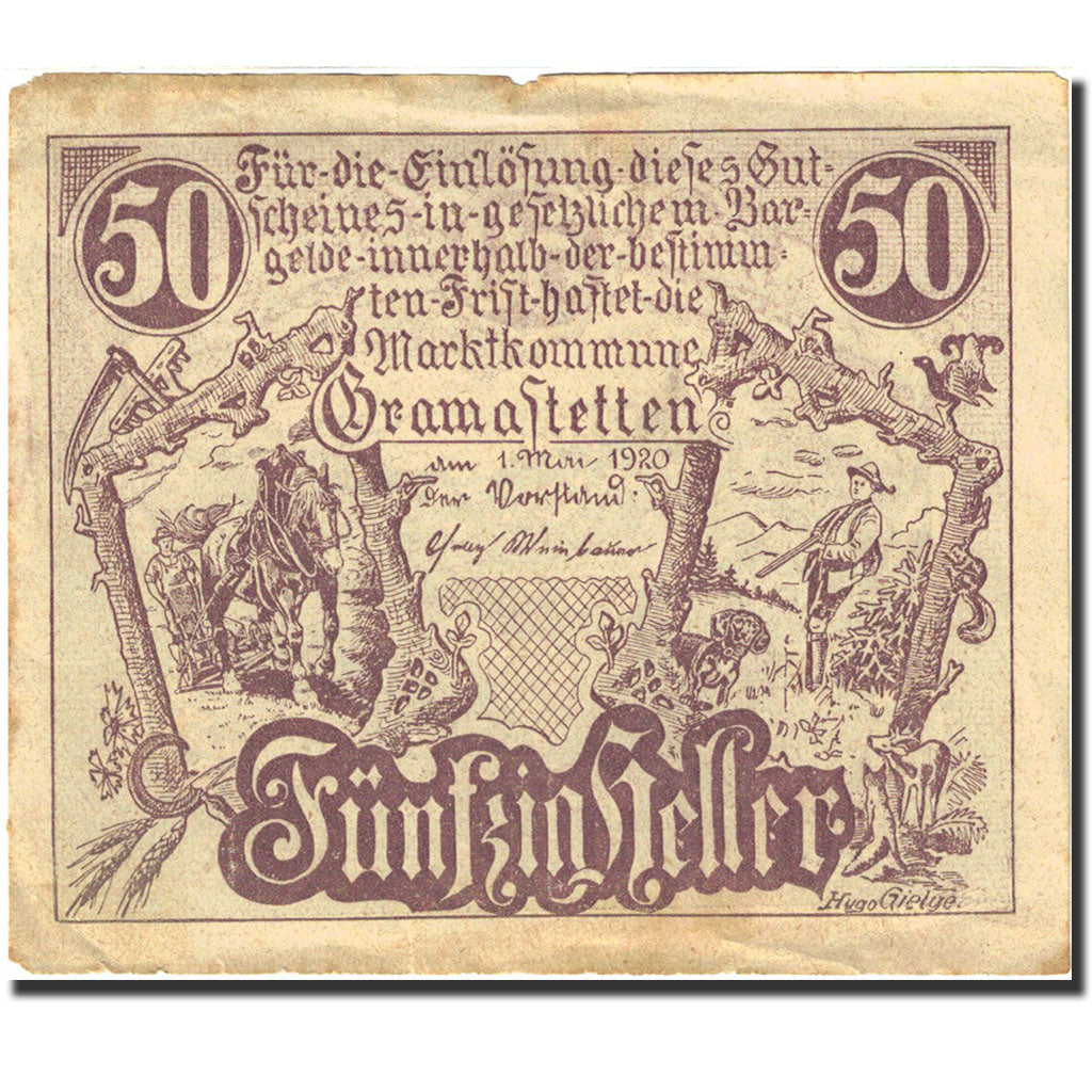 Banknote, Austria, Gramastetten, 50 Heller, personnage, 1920, 1920-05-01