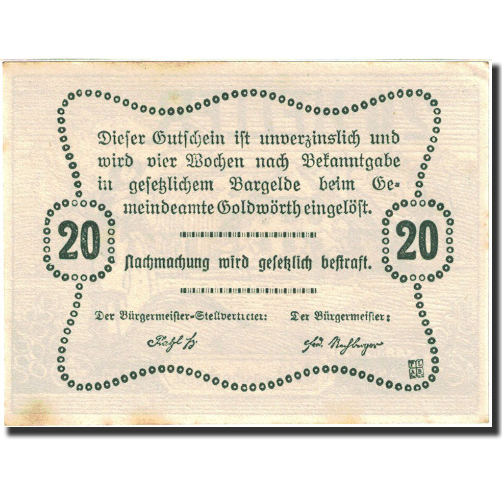 Banknote, Austria, Goldwörth, 20 Heller, agriculteur, 1920, 1920-12-31