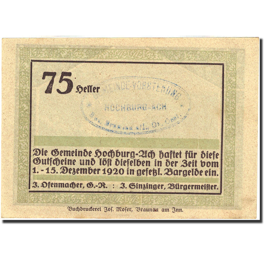 Banknote, Austria, Hochburg-Ach, 80 Heller, château, 1920, 1920-12-15