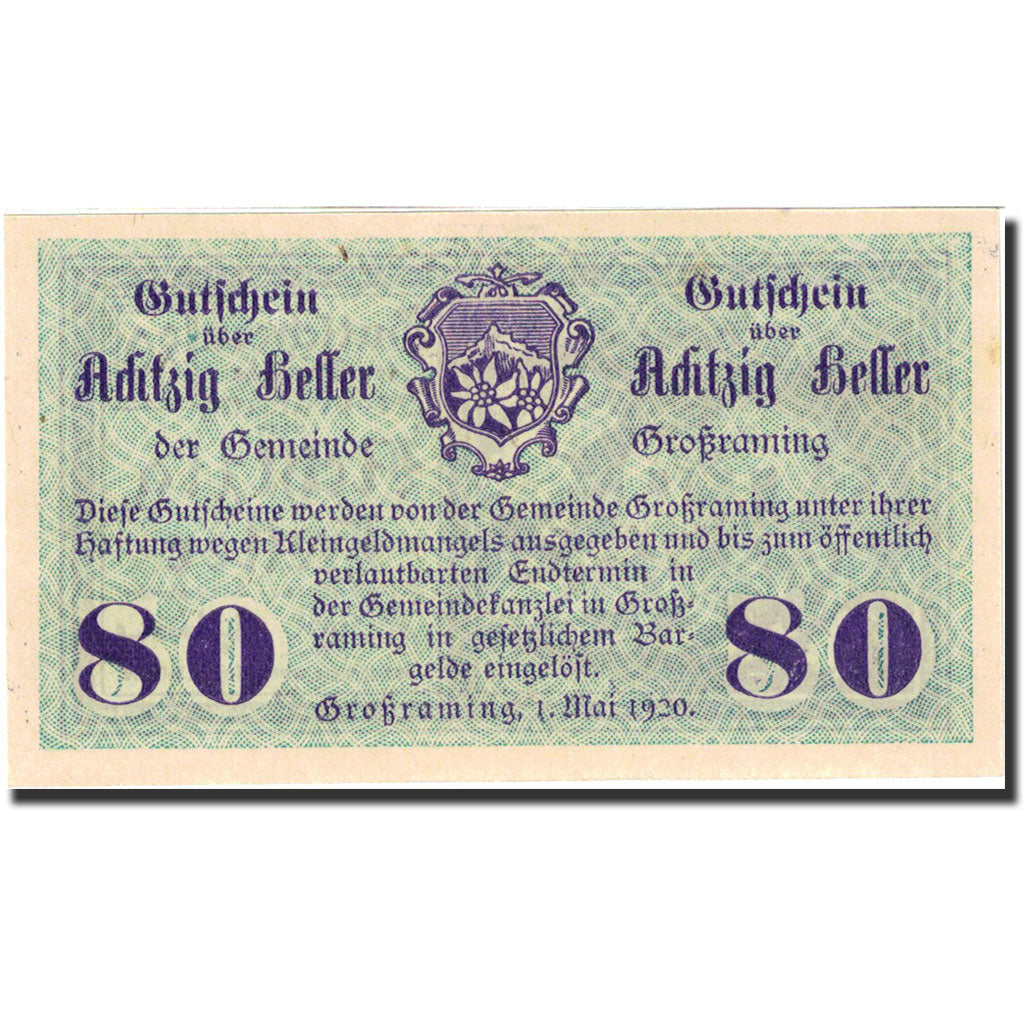 Banknote, Austria, Grossraming, 80 Heller, paysage, 1920, 1920-05-01, UNC(65-70)