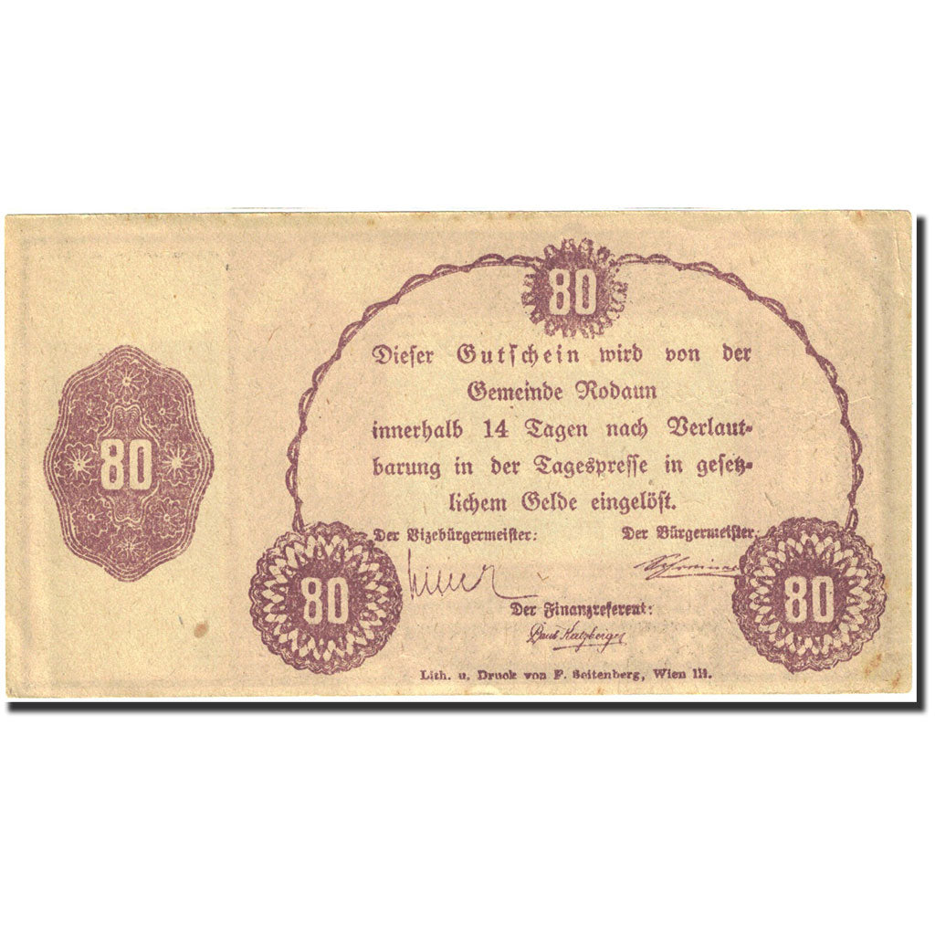 Banknote, Austria, Rodaun, 80 Heller, château, 1920, 1920-12-31, EF(40-45)