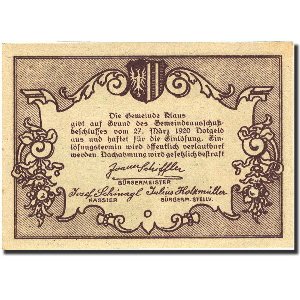 Banknote, Austria, Klaus, 50 Heller, village, 1920, 1920-03-27, UNC(65-70)