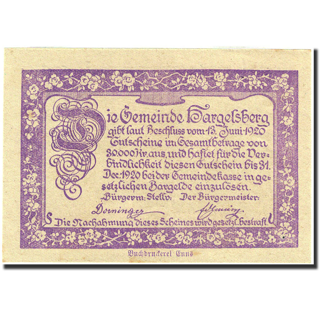 Banknote, Austria, Hargelsberg, 20 Heller, village, 1920, 1920-12-31, UNC(63)