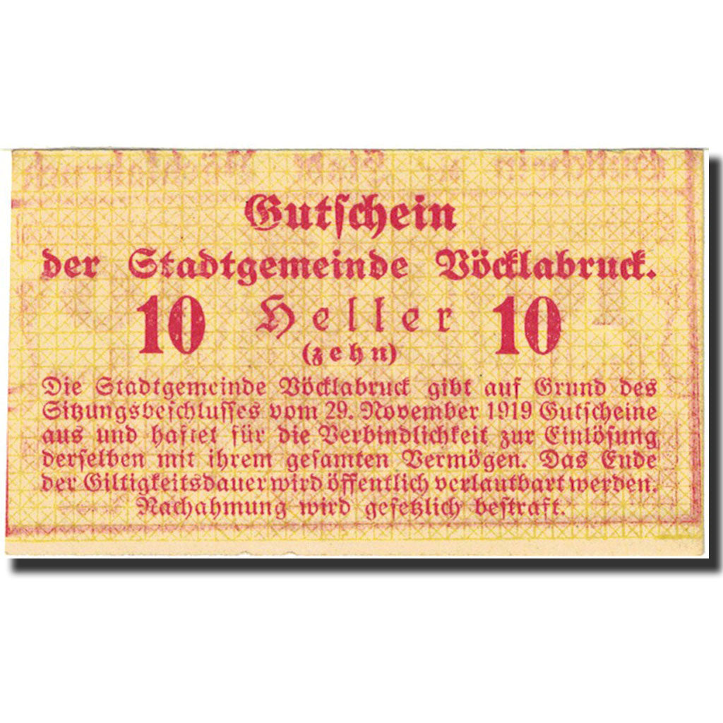 Banknote, Austria, Vocklabruck, 10 Heller, Blason, 1919, 1919-11-29, UNC(65-70)