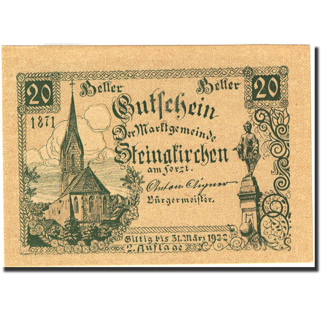Banconote, Austria, Steinakirchen am Forst, 20 Heller, Monument, 1922
