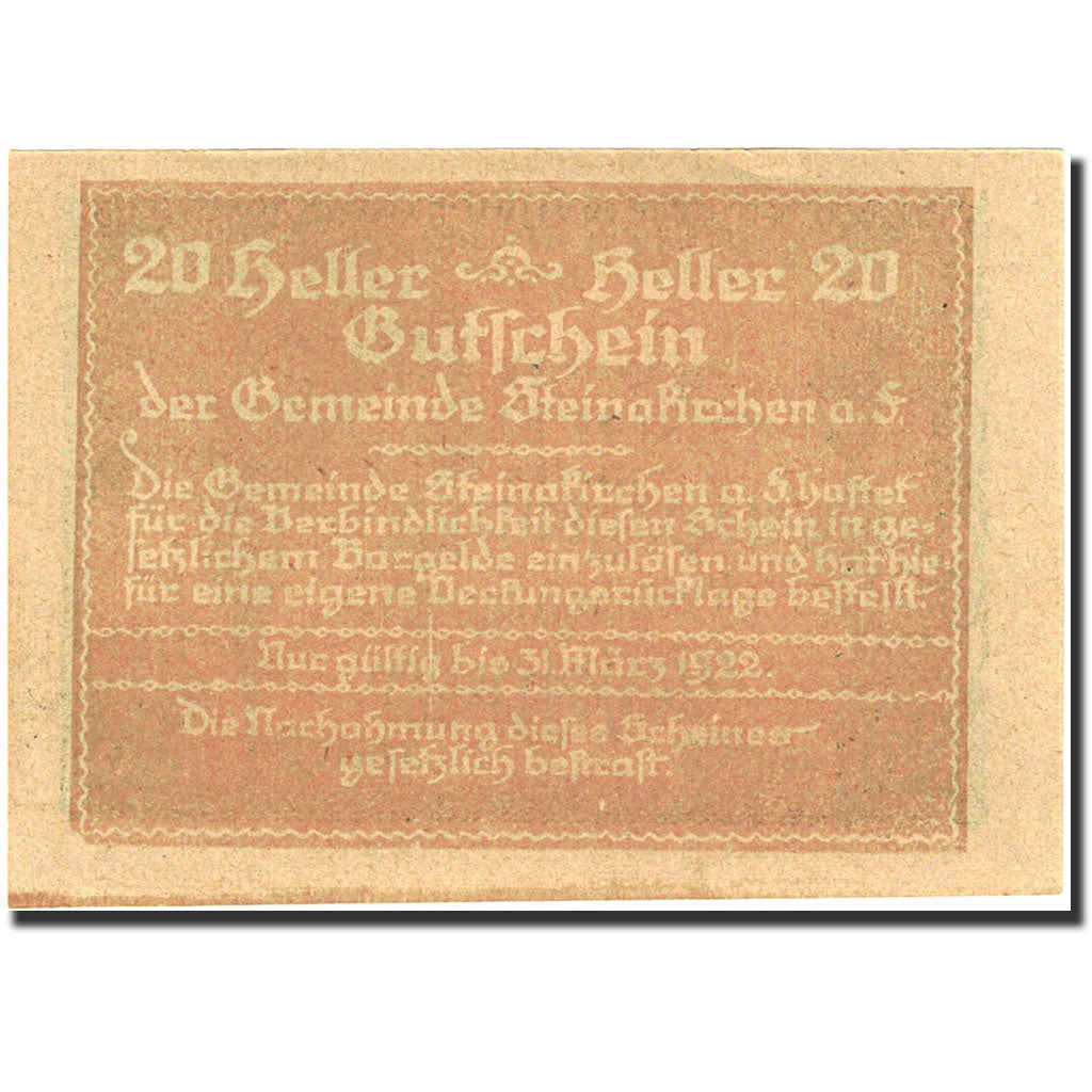 Banconote, Austria, Steinakirchen am Forst, 20 Heller, Monument, 1922