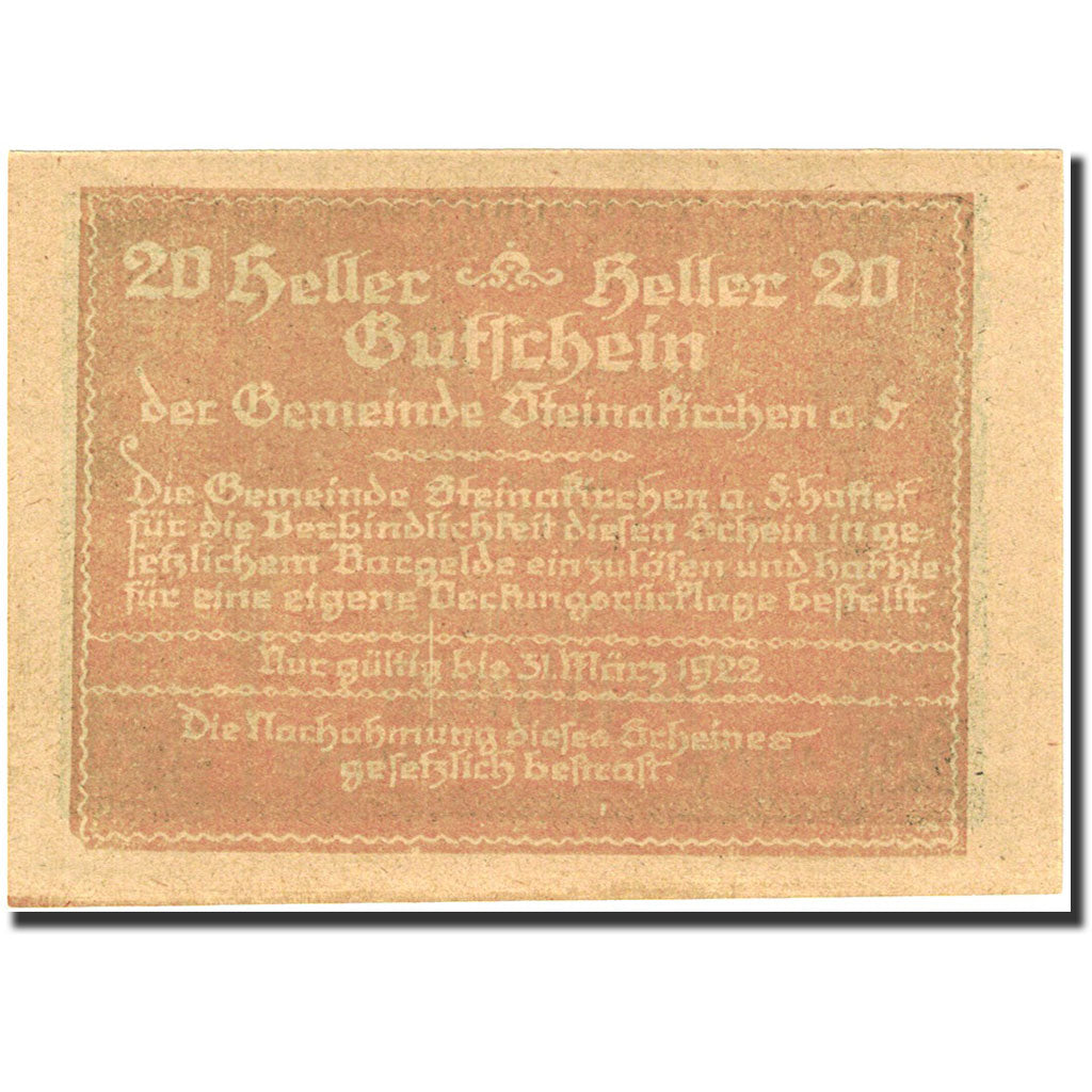 Banknote, Austria, Steinakirchen am Forst, 20 Heller, Monument, 1922