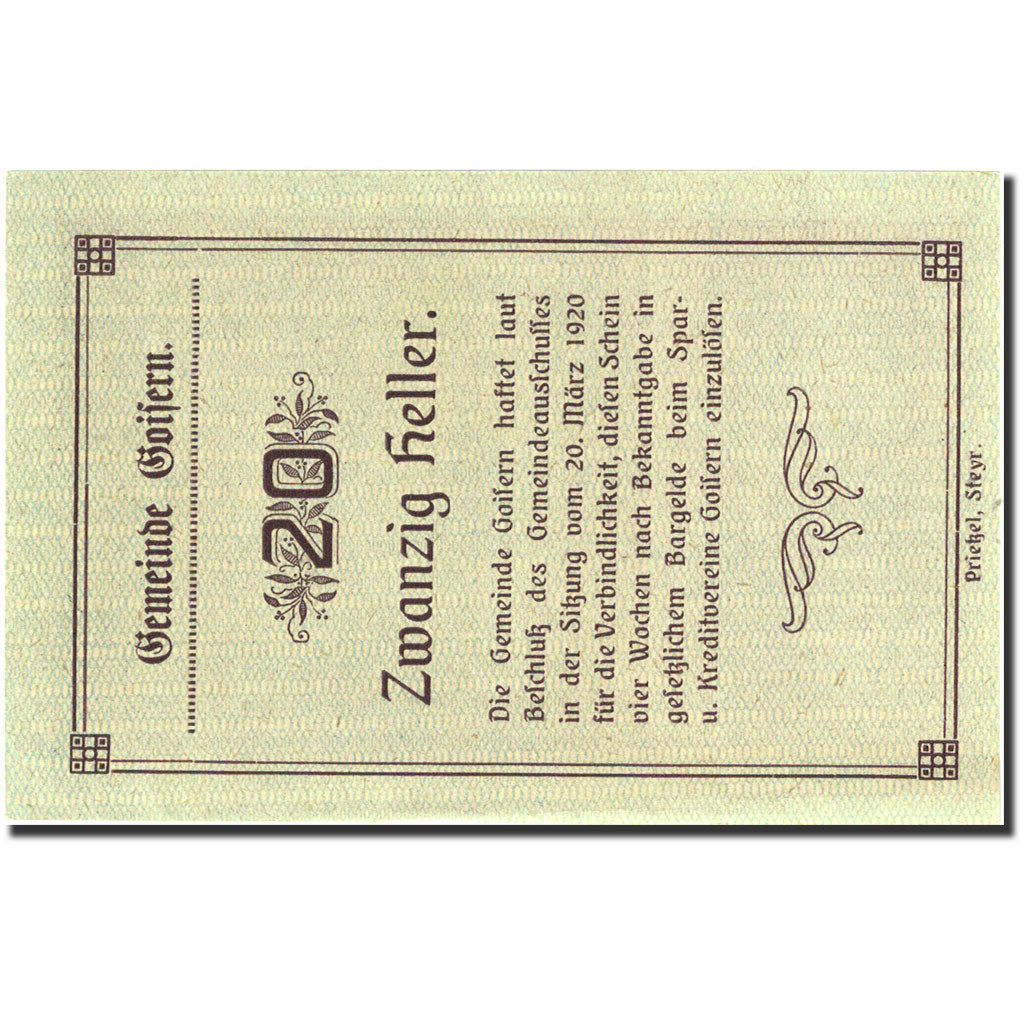 Banknote, Austria, Goisern, 20 Heller, Foret, 1920, 1920-03-20, UNC(63)
